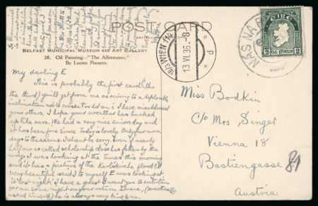 Stamp of Ireland » Definitives The Unique Usage to a Foreign Destination  1922 SE 2d blue-green, experimental coil, perf. 15 x imperf, single on picture postcard from Father Matthias Badkin at Clongowes Wood College to his sister in Vienna, Austria, t