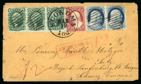 Stamp of United States » 1851-57 Issue 1857, 10c. green horizontal strip of three, 3c. dull red and 1c. blue on cover from "ECONOMY