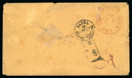 1857, 10c. green horizontal strip of three, 3c. dull red and 1c. blue on cover from "ECONOMY