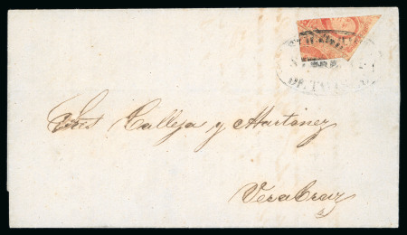 Stamp of Mexico 1856 issue, Tabasco 4 reales carmine, a diagonally bisected example and 4 r. carmine quadrisected example