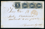 Stamp of Chile 1856/61 10c deep blue 'Estancos' , a used single and vertical strip of three on 1857 cover to Buenos Ayres, Argentina