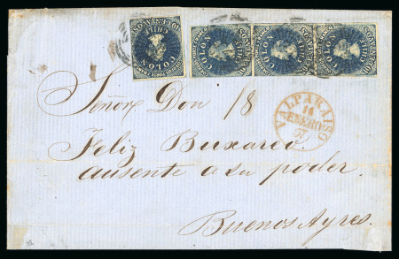 Stamp of Chile 1856/61 10c deep blue 'Estancos' , a used single and vertical strip of three on 1857 cover to Buenos Ayres, Argentina