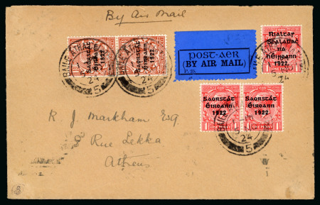 Stamp of Ireland » 1923 Harrison Coils Overprints (T62-65) 1d scarlet, pair and single, 1 1/2d red-brown, pair, on airmail cover to Athens, tied BAILE ÁTHA CLIATH/5.NO.24 cds, very fine usage to a scarce destination