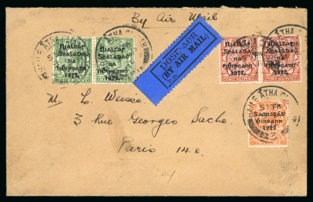 Stamp of Ireland » 1922 (Jun) Harrison Coils Overprints  (T20-T24) 1/2d green and 1 1/2d red-brown, both in coil join pairs, plus 2d orange on airmail cover to Paris, tied BAILE ÁTHA CLIATH/9.AP.24 cds, very fine and scarce usage of the coil joined paste up pairs
