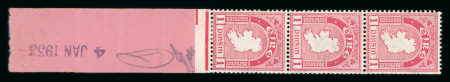 Stamp of Ireland » Definitives 1922-23 SE 1d red vertical strip, dated "4 JAN 1933" coil end, reinforced with hinge, fine and very scarce.