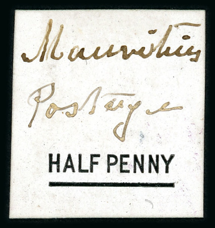 Stamp of Mauritius » 1876-78 Surcharges (SG 76-91) 1877 "HALF PENNY" stamp-size De La Rue die proof of the surcharge, in black on glazed card
