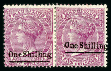 Stamp of Mauritius » 1876-78 Surcharges (SG 76-91) 1877 "One Shilling" on 5/- rosy mauve horizontal pair,
