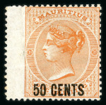 Stamp of Mauritius » 1876-78 Surcharges (SG 76-91) 1878 "50 cents" on 1/- orange essay, without gum, vertical