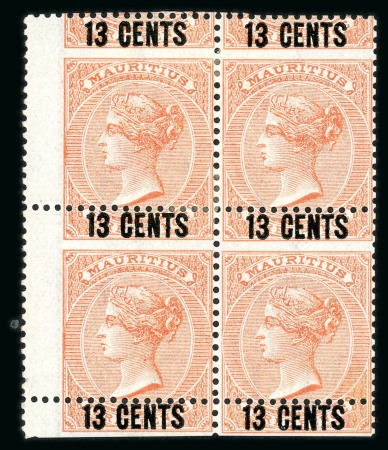 Stamp of Mauritius » 1876-78 Surcharges (SG 76-91) 1878 "13c." on 3d. orange-red, wing margin block of four variety horizontal perforations 4mm from foot