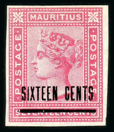 Stamp of Mauritius » 1883-91 Surcharges, Arms & Jubilee Issues (SG 112-35, 137) 1883 16c on 17c Rose imperf. plate proof with wmk CC
