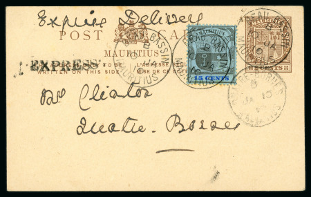 Stamp of Mauritius » Later Issues 1910 (10 Jan.) 2c. brown card, uprated with 15c. black and blue on blue, from Beau Bassin to Quatre Bornes, marked "Express Delivery"