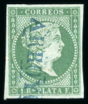 Stamp of Cuba 1855 1r green, good margins, cancelled by blue "ARROYO" handstamp