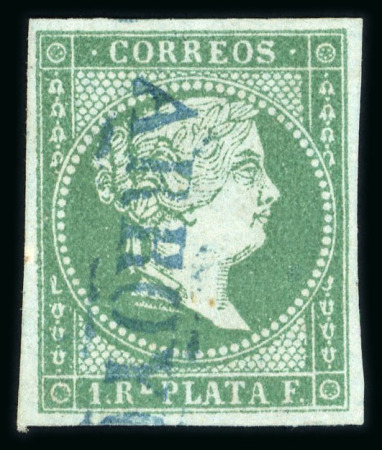 Stamp of Cuba 1855 1r green, good margins, cancelled by blue "ARROYO" handstamp