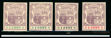 Stamp of Mauritius » 1900-05 Arms Issue (SG 138-155) 1900-05 Small Arms 1c. dull purple on buff imperforate colour trials (4)