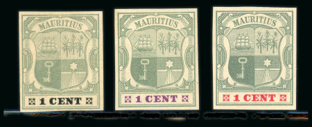 Stamp of Mauritius » 1900-05 Arms Issue (SG 138-155) 1900-05 Small Arms 1c. blue-green on buff imperforate colour trials (3)
