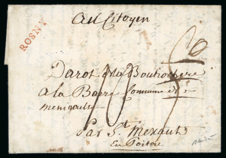 Stamp of France » Lettres Classiques 1796, Marque linéaire en rouge de Rosny (19mm) sur