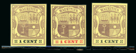 Stamp of Mauritius » 1900-05 Arms Issue (SG 138-155) 1900-05 Small Arms 1c. purple on yellow, imperforate colour trials (3)