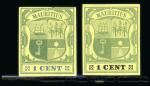 Stamp of Mauritius » 1900-05 Arms Issue (SG 138-155) 1900-05 small arms 1c. green on yellow, imperforate colour trials (2)