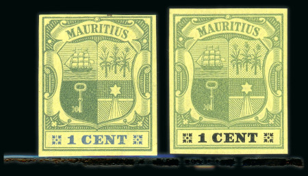 Stamp of Mauritius » 1900-05 Arms Issue (SG 138-155) 1900-05 small arms 1c. green on yellow, imperforate colour trials (2)