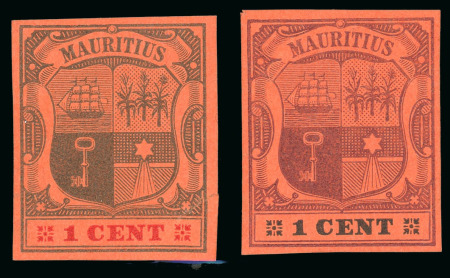 Stamp of Mauritius » 1900-05 Arms Issue (SG 138-155) 1900-05 small arms 1c. purple on red and 1c. black on red, imperforate colour trials (2)