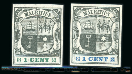 Stamp of Mauritius » 1900-05 Arms Issue (SG 138-155) 1900-05 Small Arms 1c. black on white, imperforate colour trials (2)