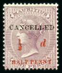 Stamp of Mauritius » 1876-78 Surcharges (SG 76-91) 1876 prepared for use but not issued ½d. (type12 in red) on 9d. dull purple, two mint o.g. examples overprinted "CANCELLED"
