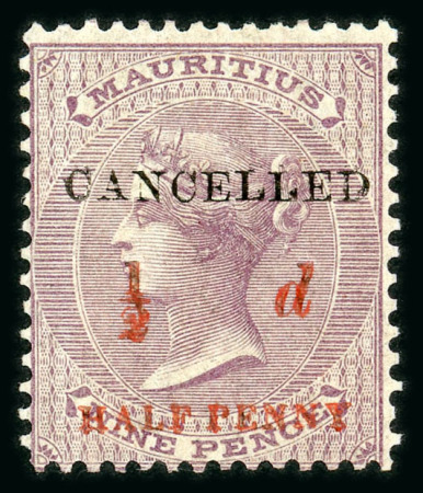 Stamp of Mauritius » 1876-78 Surcharges (SG 76-91) 1876 prepared for use but not issued ½d. (type12 in red) on 9d. dull purple, two mint o.g. examples overprinted "CANCELLED"