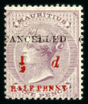 Stamp of Mauritius » 1876-78 Surcharges (SG 76-91) 1876 prepared for use but not issued ½d. (type12 in red) on 9d. dull purple, two mint o.g. examples overprinted "CANCELLED"