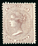 Stamp of Mauritius » 1860-72 De La Rue Issues (SG 46-72) 1860-63 1d. purple-brown mint plus 1883-94 wmk CA 25c olive-yellow mint n.h. block of four