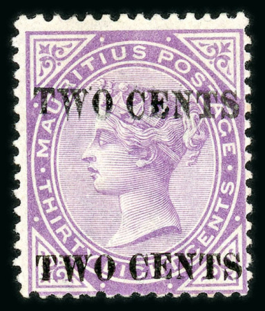 Stamp of Mauritius » 1883-91 Surcharges, Arms & Jubilee Issues (SG 112-35, 137) 1891 2c. on 38c. bright purple (Type 32), variety surcharge double, mint