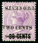 Stamp of Mauritius » 1883-91 Surcharges, Arms & Jubilee Issues (SG 112-35, 137) 1891 2c. on 38c. on 9d. pale violet (Type 33), variety surcharge double one inverted, mint