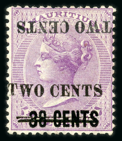Stamp of Mauritius » 1883-91 Surcharges, Arms & Jubilee Issues (SG 112-35, 137) 1891 2c. on 38c. on 9d. pale violet (Type 33), variety surcharge double one inverted, mint