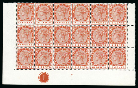 Stamp of Mauritius » 1883-94 De La Rue Watermark CA (SG 101-111) 1893 watermark Crown CA, 15c chestnut, mint n.h. marginal block 18