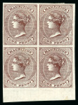 Stamp of Mauritius » 1860-72 De La Rue Issues (SG 46-72) 1863-72 1d. purple-brown, wmk CC (inverted) imperforate block of four imprimaturs