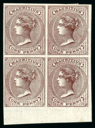 Stamp of Mauritius » 1860-72 De La Rue Issues (SG 46-72) 1863-72 1d. purple-brown, wmk CC (inverted) imperforate block of four imprimaturs