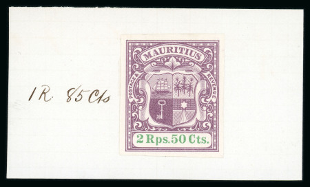 Stamp of Mauritius » 1900-05 Arms Issue (SG 138-155) 1900-05 "Arms" 2r 50c. imperf colour trial, affixed to De La Rue day book piece