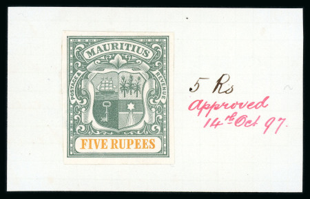 Stamp of Mauritius » 1900-05 Arms Issue (SG 138-155) 1900-05 "Arms" 5r imperf colour trial, affixed to De La Rue day book piece