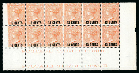 Stamp of Mauritius » 1876-78 Surcharges (SG 76-91) 1878 13c. on 3d. orange red, imprint block of 12, fresh