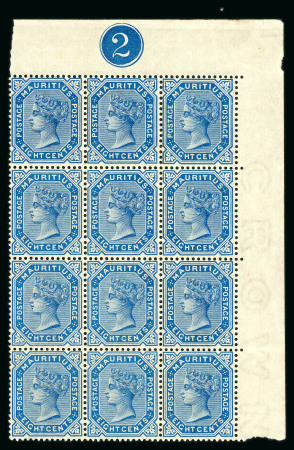 Stamp of Mauritius » 1879-80 De La Rue Watermark CC (SG 92-100) 1879-80 8c. blue marginal block of 12 from the upper right of the sheet