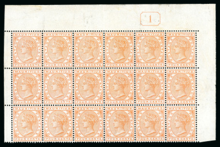 Stamp of Mauritius » 1879-80 De La Rue Watermark CC (SG 92-100) 1879-80 4c. orange marginal block of 18 from the upper