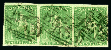 Stamp of Mauritius » 1858-62 Britannia Issues (SG 26-35) 1858-62 1/- yellow-green, strip of three with clear to very large margins, cancelled "B53"