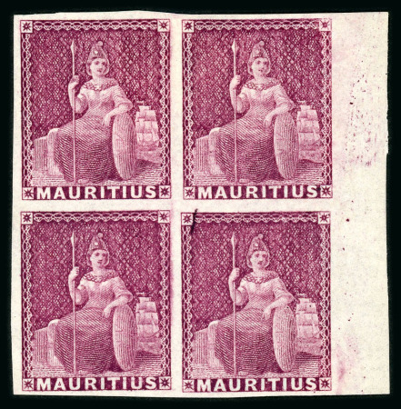 Stamp of Mauritius » 1858-62 Britannia Issues (SG 26-35) 1858-62 Un-denominated Issue (9d.) dull magenta marginal block of four, unused