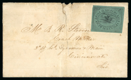 Stamp of United States » Local Stamps Frazer & Co., Cincinnati O., 1845-1851, 2c Black on Green (Scott 69L3). Extremely fine with wide margins all around, uncancelled, used on local folded letter