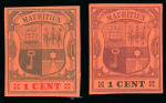 Stamp of Mauritius » 1900-05 Arms Issue (SG 138-155) 1900-05 small arms 1c. green on yellow, imperforate colour trials (2)
