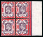 Stamp of Great Britain » King Edward VII » 1902-10 De La Rue Issues 1902-10 10d dull purple and scarlet on chalk surfaced paper in mint n.h. right marginal block of four