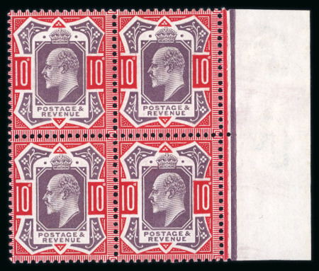 Stamp of Great Britain » King Edward VII » 1902-10 De La Rue Issues 1902-10 10d dull purple and scarlet on chalk surfaced paper in mint n.h. right marginal block of four