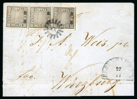 Stamp of German States » Bavaria 1849, 1Kr black pl.2 in strip of three on cover uniquely cancelled contrary to the regulations