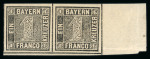 Stamp of German States » Bavaria 1849 1Kr black mint n.h. pair right marginal with large margins all around and huge sheet margin on the right side