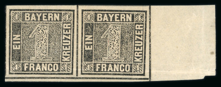 Stamp of German States » Bavaria 1849 1Kr black mint n.h. pair right marginal with large margins all around and huge sheet margin on the right side