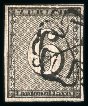 Stamp of Switzerland / Schweiz » Kantonalmarken » Zürich 1843, Zürich 6, Type II, 67. Marke des Bogens, mit hervortretenden senkrechten Unterdrucklinien